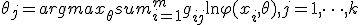 \theta_j = arg max_{\theta} sum_{i=1}^m g_{ij}\ln\varphi(x_i,\theta) , j = 1, \dots, k 